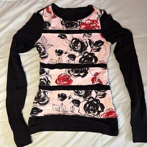 Floral Panel Long-Sleeve Top in Black and Pink